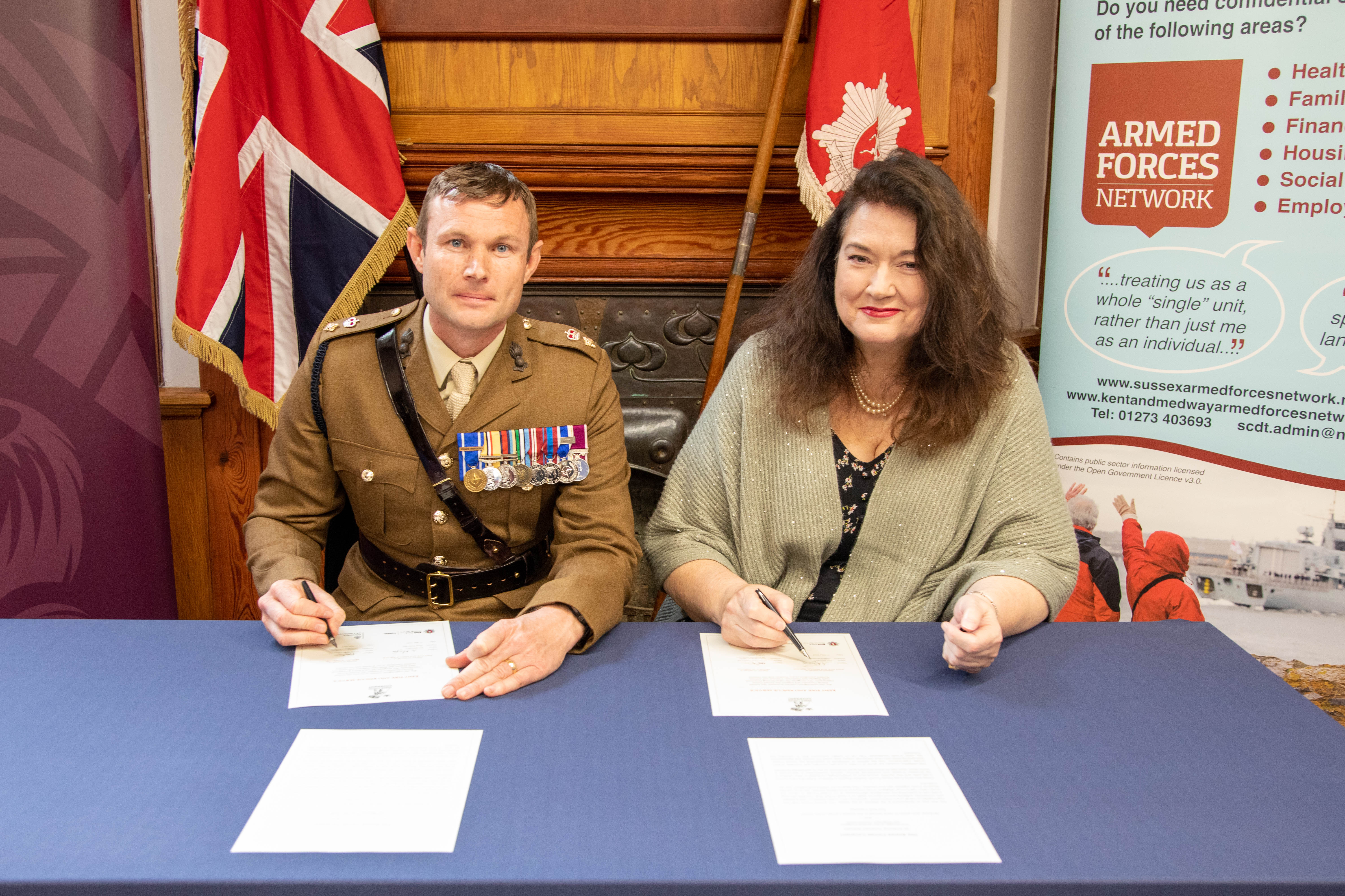 left: Lieutenant Colonel Ryan Castro, Royal Engineers, and right: Ann Millington, Chief Executive, Kent Fire and Rescue Service