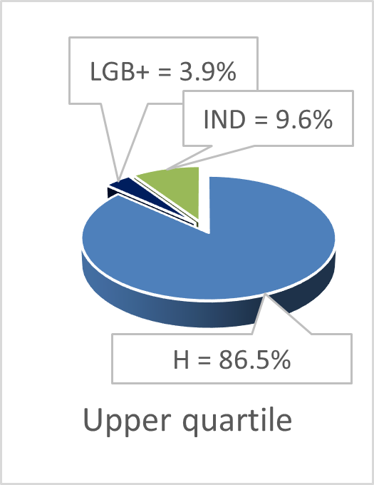 Pie diagram showing upper quartile as LGB+ 3.9%, heterosexual 86.5%, and identity not disclosed 9.6%