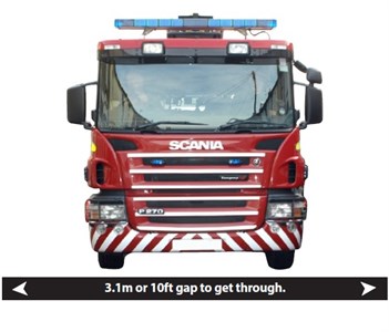 Poster explaining that a fire engine needs 3.1 meters or 10 ft gap to get through a street