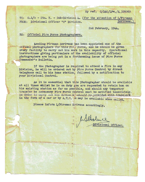 A letter to Albert Scrivens, dated February 1944, that appointed him as an official Fire Force photographer