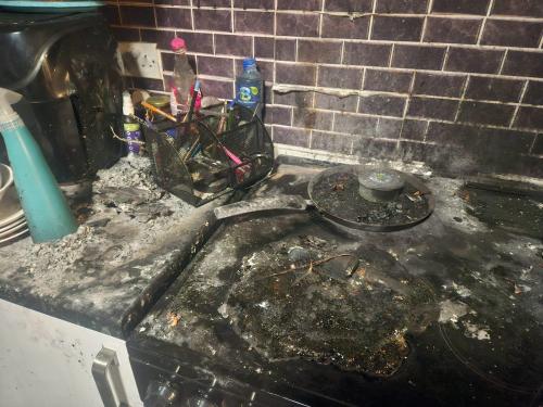 Image of burned items on hob after cat turned on hob