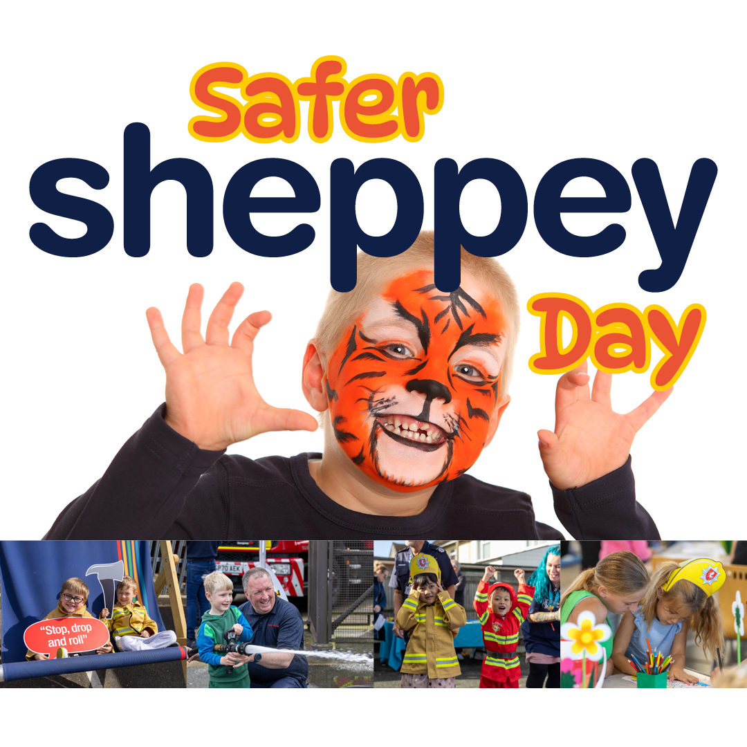 'Safer Sheppey' event image. It has various images of children having fun from previous open days