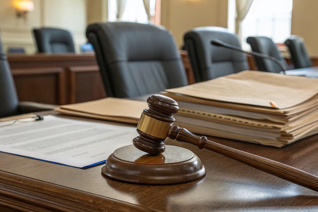 Meeting room with gavel on desk