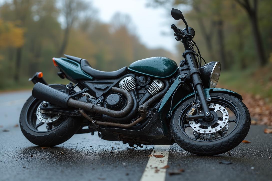 motorbike across road leaning to one side