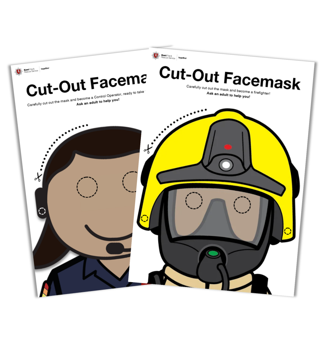 Role play facemasks of a cartoon firefighter and control operator