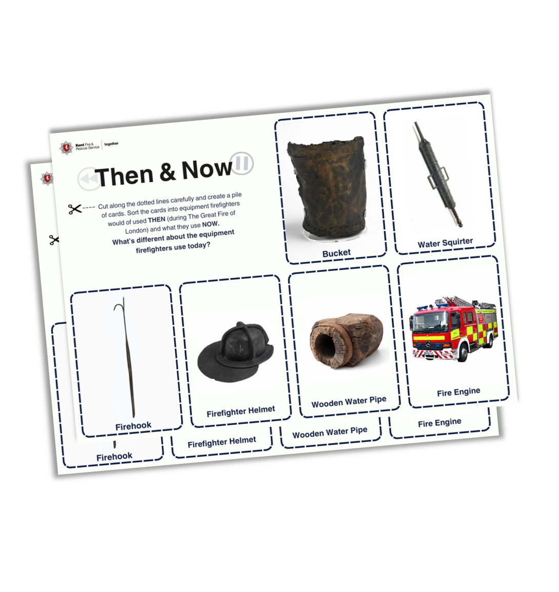 Great Fire of London worksheet with firefighting equipment from past and present