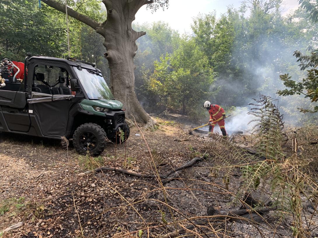 A firefighter tackles a grass fire.
