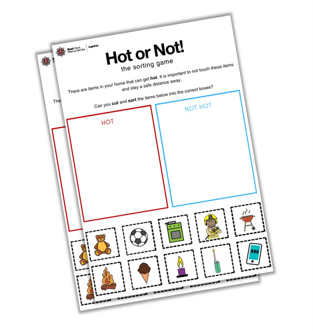 Cut and sort activity with cartoon fire hazards 