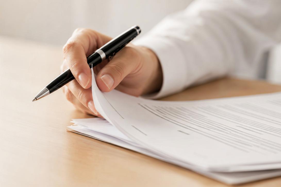 Papers on desk with hand holding pen