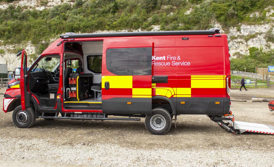 The new water rescue vehicle, with the front and side doors open and ramp down at the back