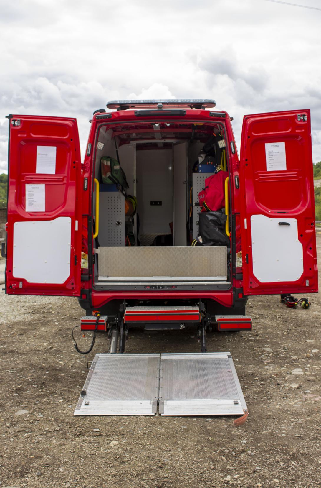 The new water rescue vehicle, taken from the back, with the back doors open and ramp down