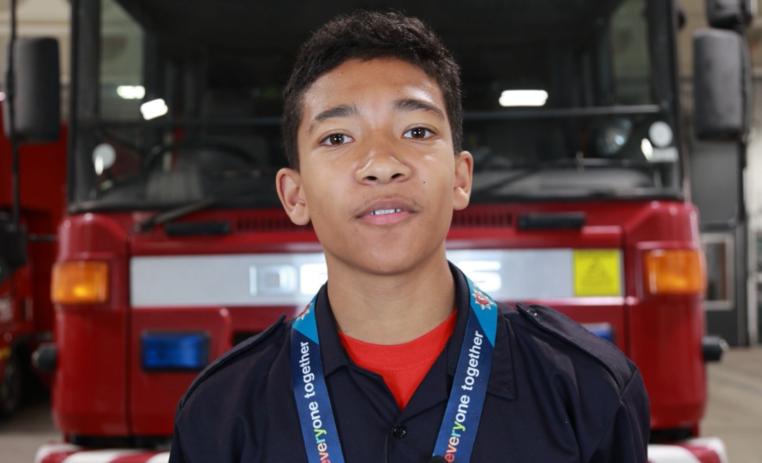 Photo of a fire cadet introducing the be smart video 