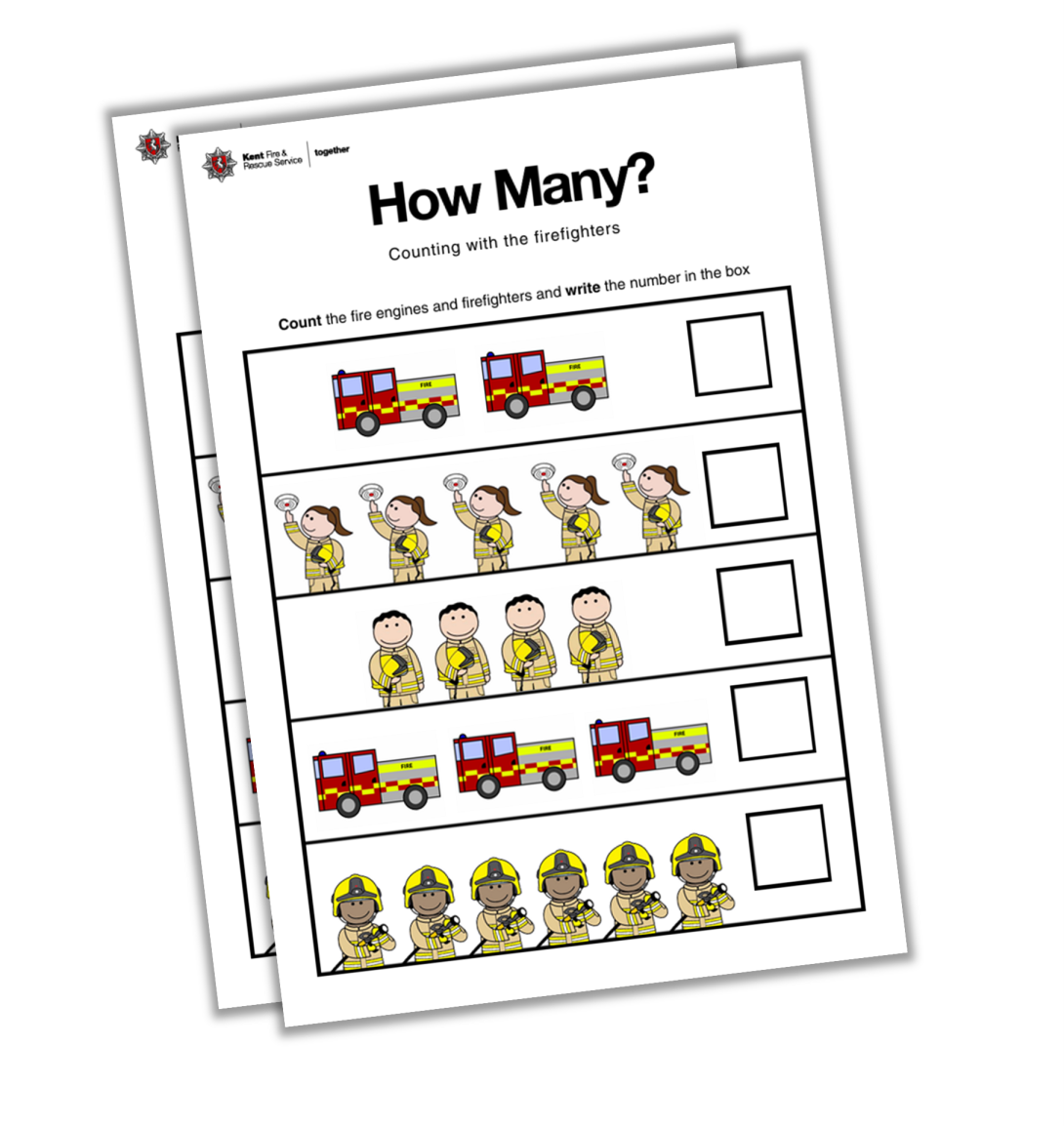 A counting worksheet with cartoon firefighters and fire engines