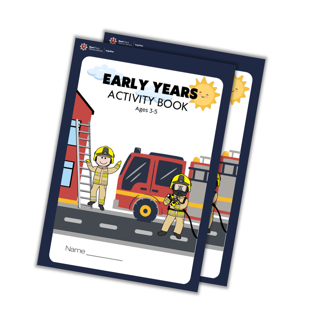 Activity book cover with cartoon firefighters and fire engine