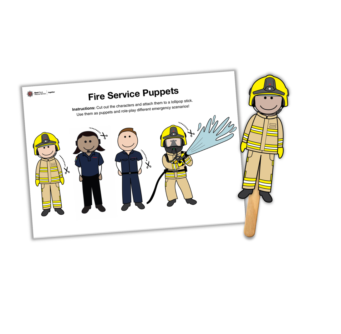 Cut-out stick puppets of cartoon fire service personnel 