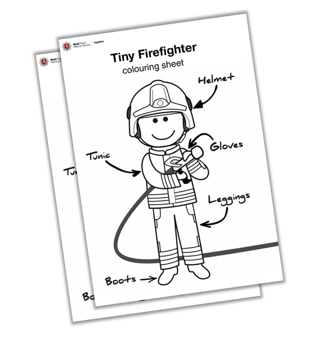 Colouring sheet of a cartoon firefighter