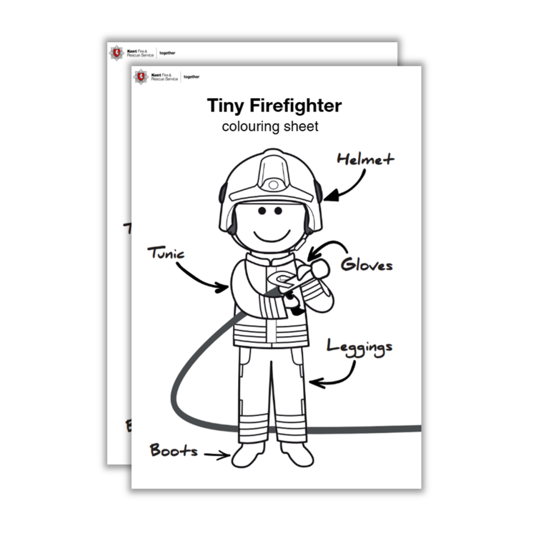 Colouring sheet with a firefighter holding a hose